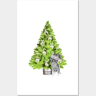 Papillon Dog Christmas scene with Christmas tree and Santa hat Posters and Art